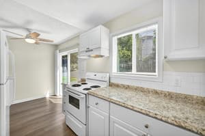 Kitchen with white cabinets, granite countertops at Lincoln Court Townhomes, 230 Lincoln Street, Fairview, Oregon 97024