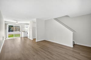 Living Room with wood floors, large windows at Lincoln Court Townhomes, 230 Lincoln Street, Fairview, Oregon 97024