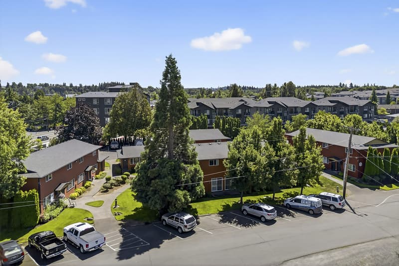 Aerial view of Lincoln Court Townhomes community in Fairview, Oregon