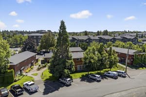 Aerial with apartment complex, landscaped gardens at Lincoln Court Townhomes, 230 Lincoln Street, Fairview, Oregon 97024