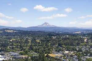 Aerial with mountain view, lush forests at Lincoln Court Townhomes, 230 Lincoln Street, Fairview, Oregon 97024