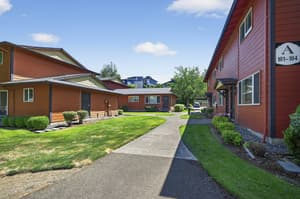 Exterior with landscaped gardens, paved pathways at Lincoln Court Townhomes, 230 Lincoln Street, Fairview, Oregon 97024
