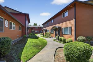 Exterior with landscaped pathway, siding at Lincoln Court Townhomes, 230 Lincoln Street, Fairview, Oregon 97024