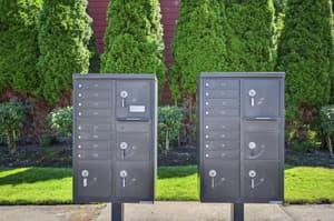 Exterior with mailboxes, greenery at Lincoln Court Townhomes, 230 Lincoln Street, Fairview, Oregon 97024