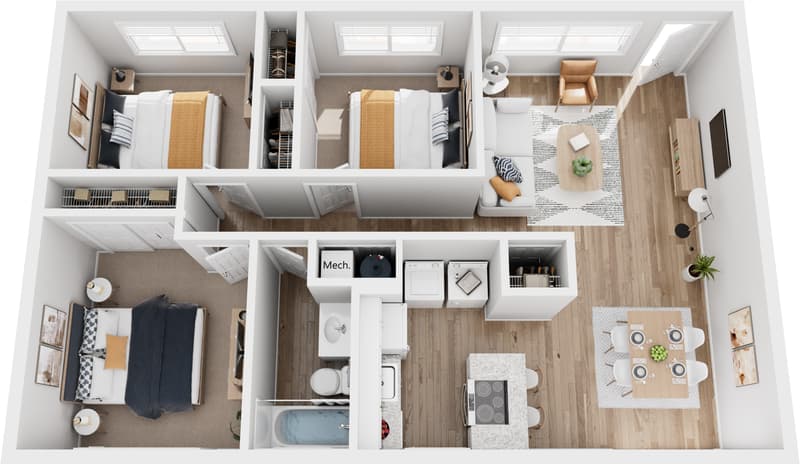 3-bedroom single-story floor plan showing open-concept layout with three bedrooms and in-unit laundry